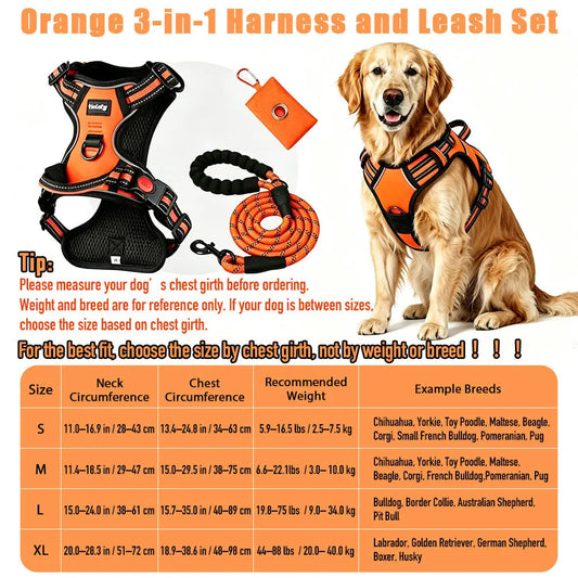 HELETY 3-in-1 No-Pull Dog Vest Harness for Medium to Large Dogs - Durable Black Reflective Oxford with Anti-Escape Lock, Adjustable Fit, Poop Bag Holder, and Airtag Compatibility for Safe Night Walks