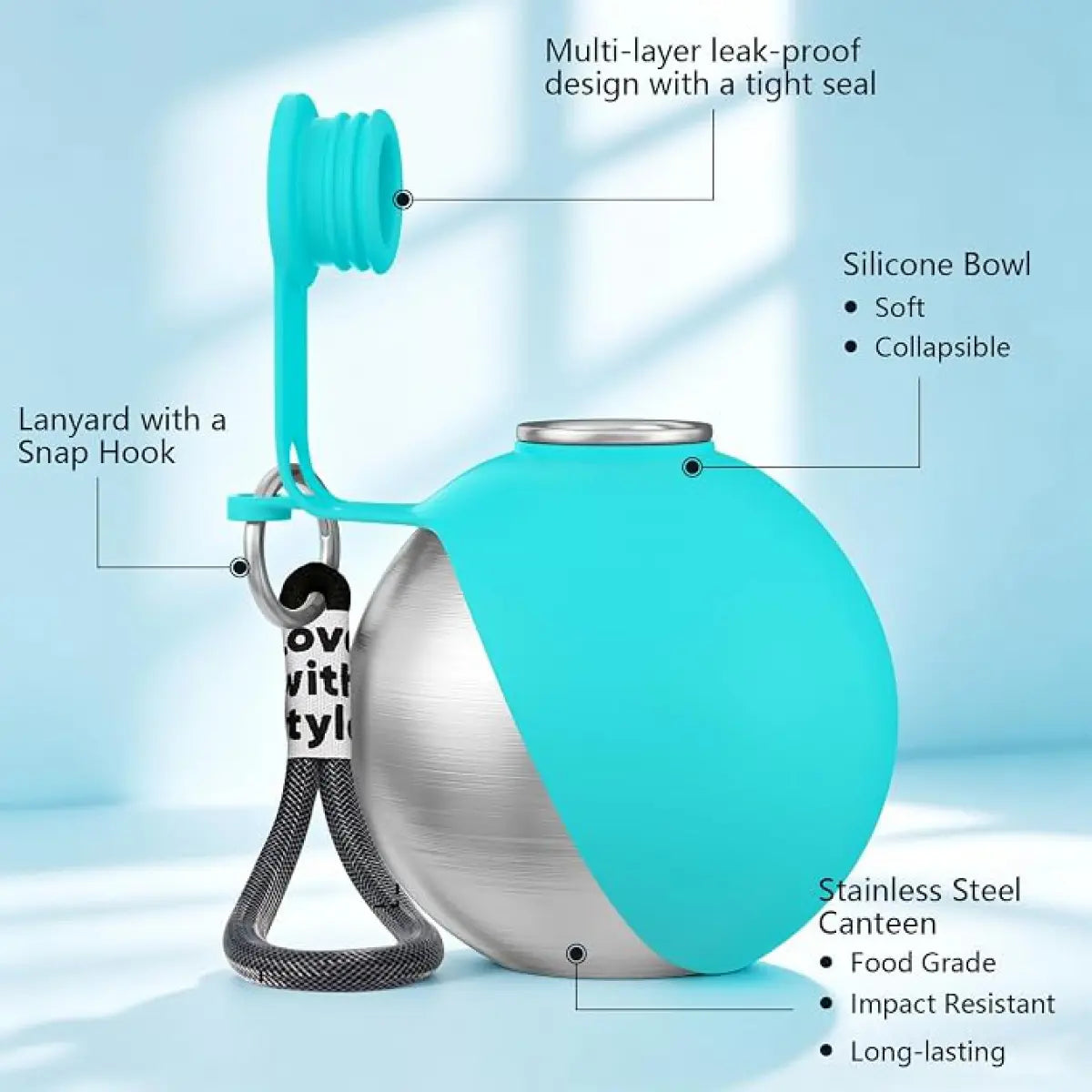 2-in-1 Portable Stainless Steel Dog Water Bottle with Leak-Proof Design and Silicone Bowl for Travel and Outdoor Activities