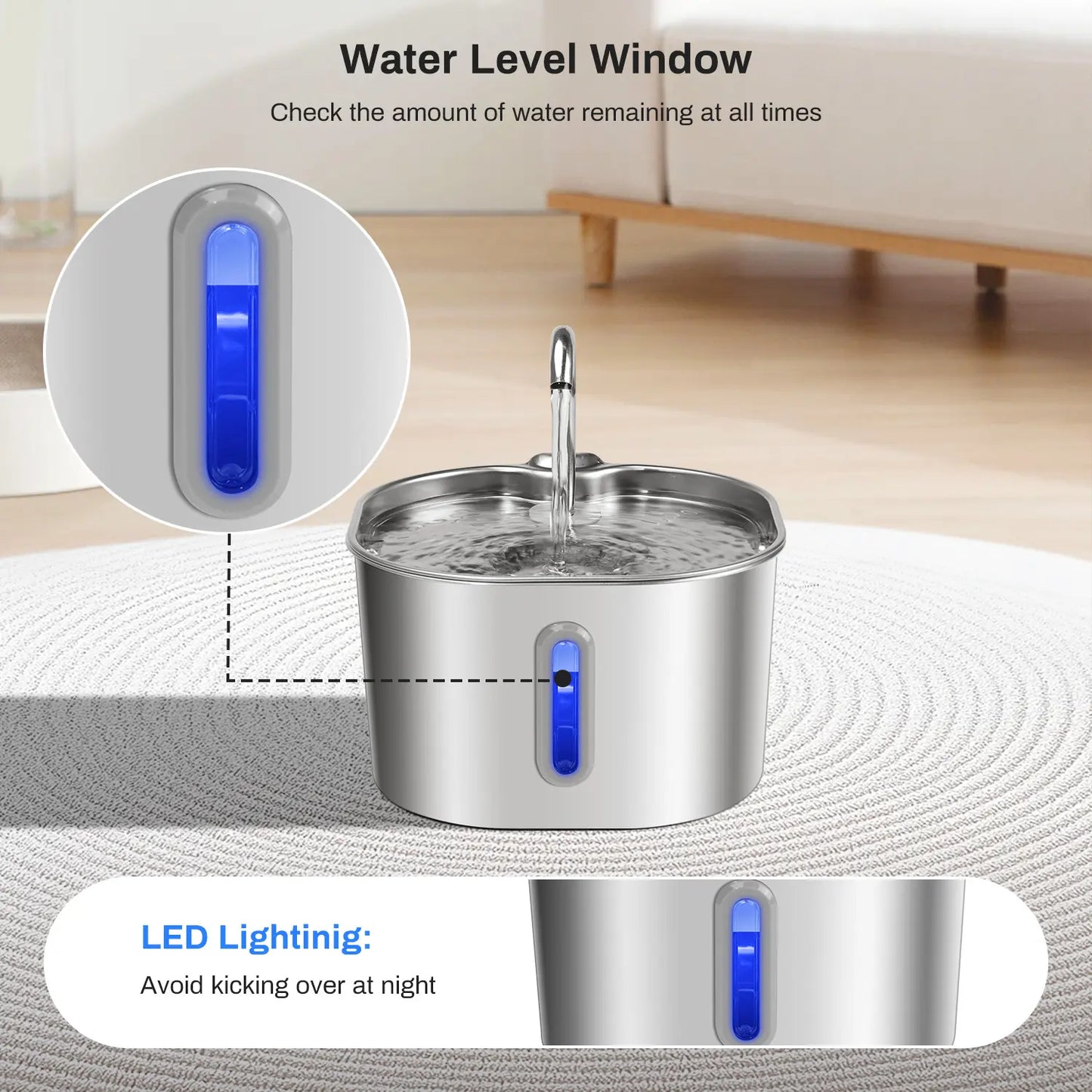 2.2L Stainless Steel Cat Water Fountain with LED Water Level Indicator - Silent Drinking Dispenser for Cats and Small Dogs