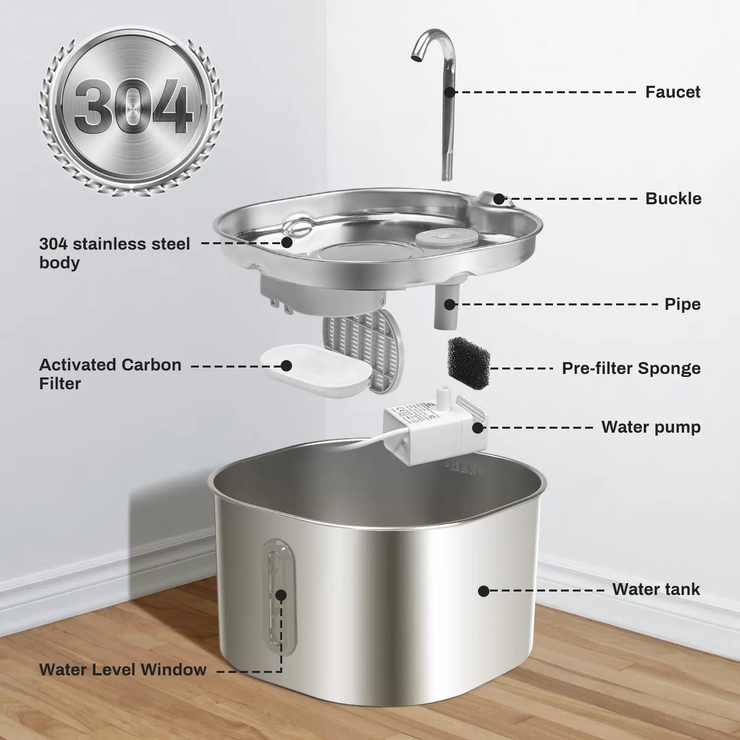 2.2L Stainless Steel Cat Water Fountain with LED Water Level Indicator - Silent Drinking Dispenser for Cats and Small Dogs