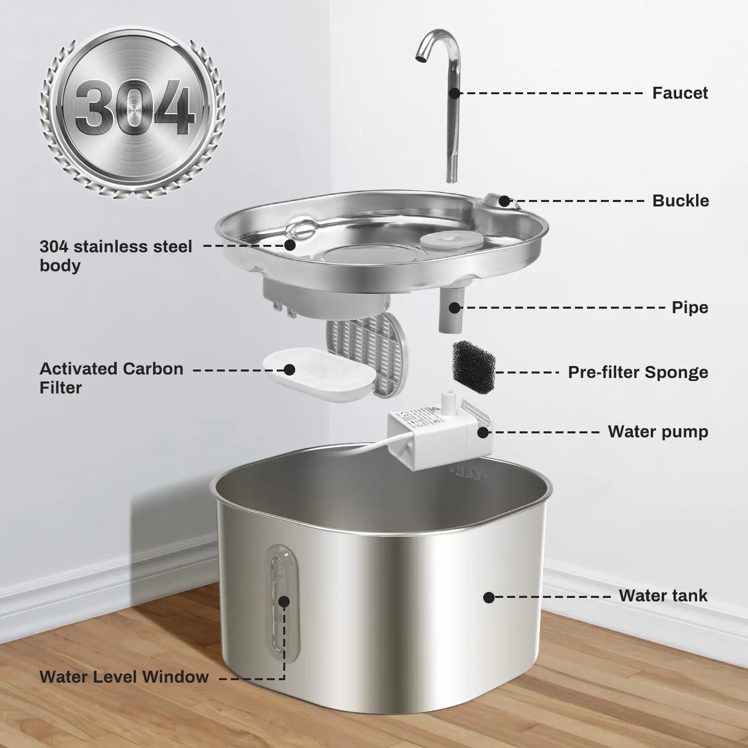 2.2L Stainless Steel Cat Water Fountain with LED Water Level Indicator - Silent Drinking Dispenser for Cats and Small Dogs